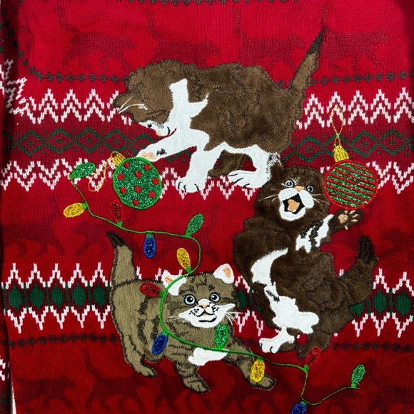 Ugly Christmas Sweater Cats Kittens Fair Isle Red Green Knit M Holiday Cozy Xmas - Picture 2 of 10
